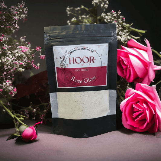 Rose Glow organic skincare product in a stylish pouch surrounded by roses, highlighting natural, eco-friendly ingredients.